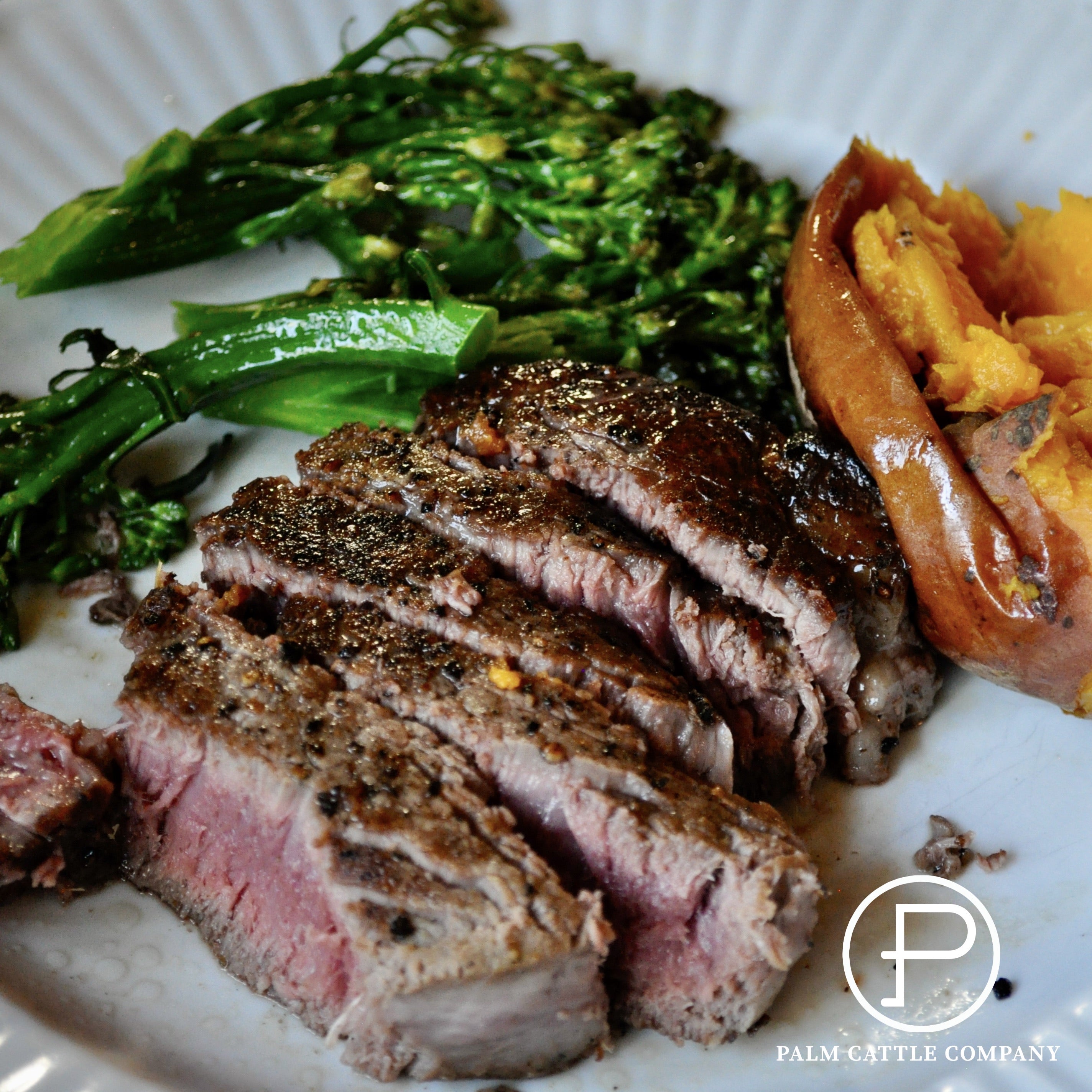 The Palm Ranch Filet Mignon with Steamed Broccolini & Baked Sweet Potato